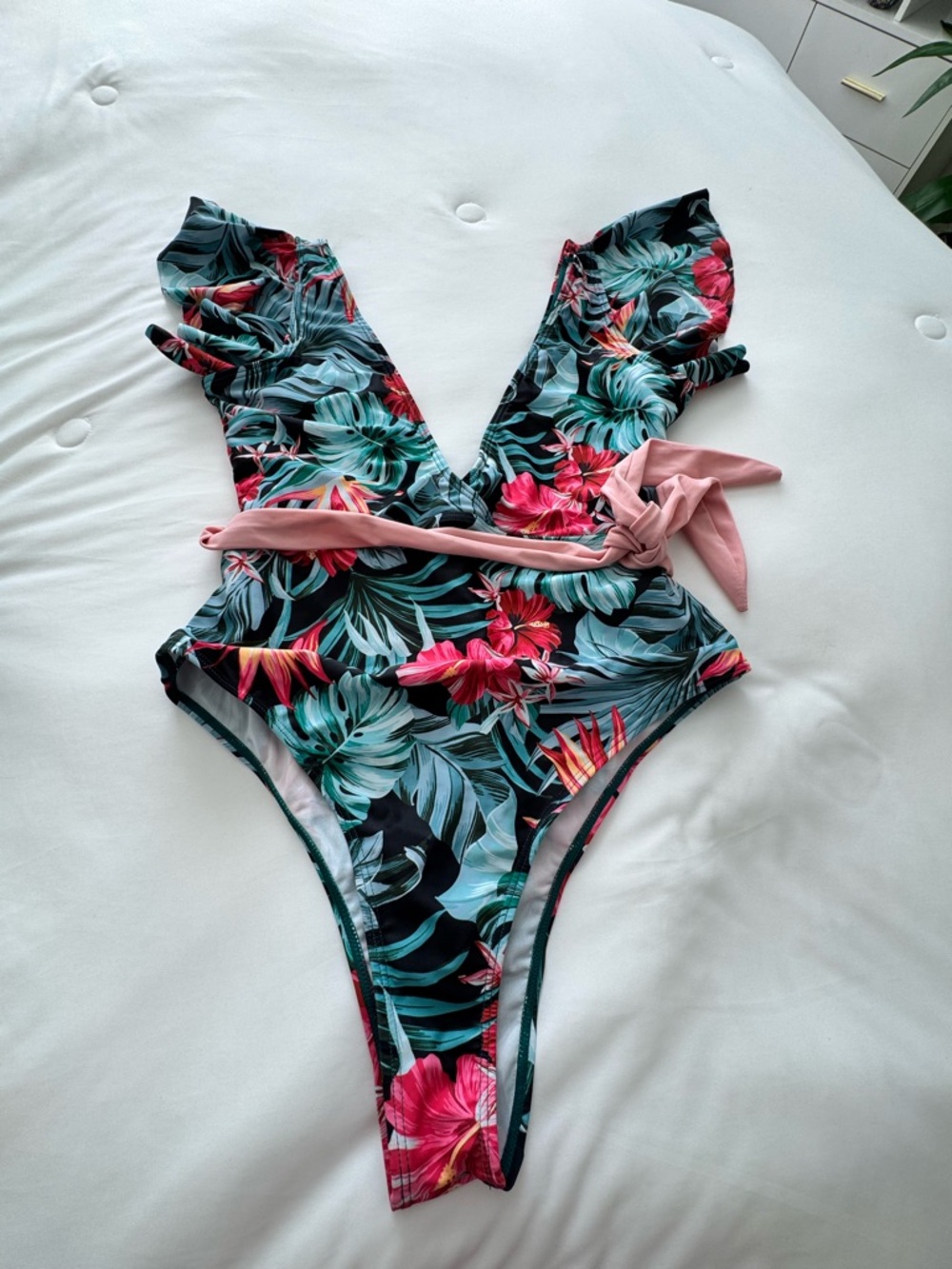 Women’s Tropical Floral One-Piece Swimsuit with Pink Waist Tie *altered